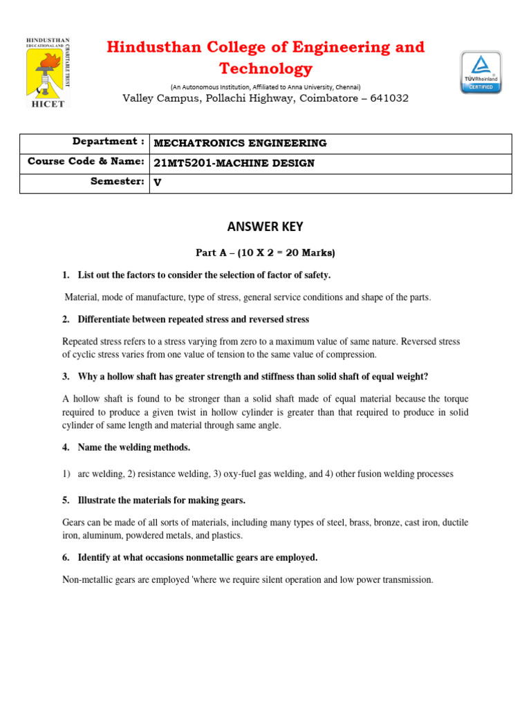 Machine Design Exam Answer Key | PDF | Strength Of Materials | Gear