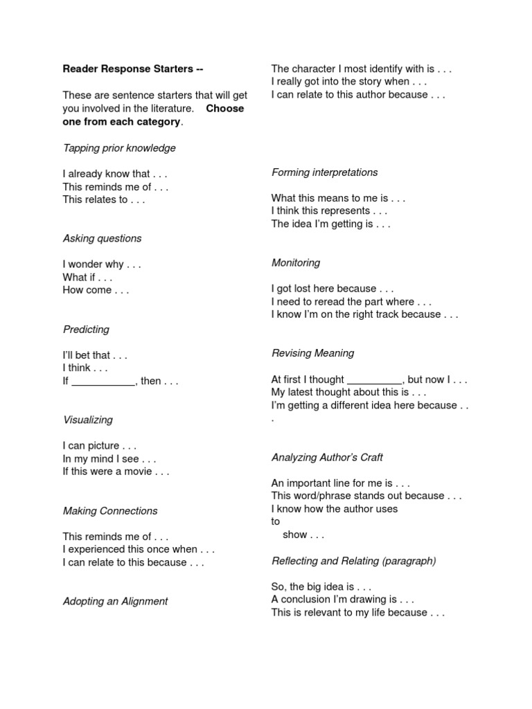 Reader Response Starters For Yellow Wallpaper | PDF
