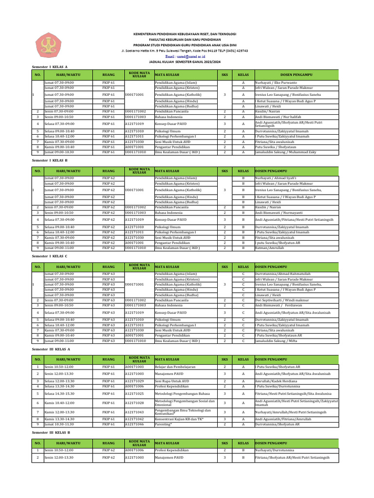 Jadwal Mata Kuliah Paud Semster Genjil 2023 2024 PDF