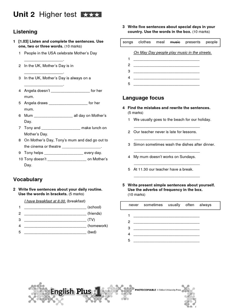 Unit 2 Higher Test: Listening & Writing | PDF