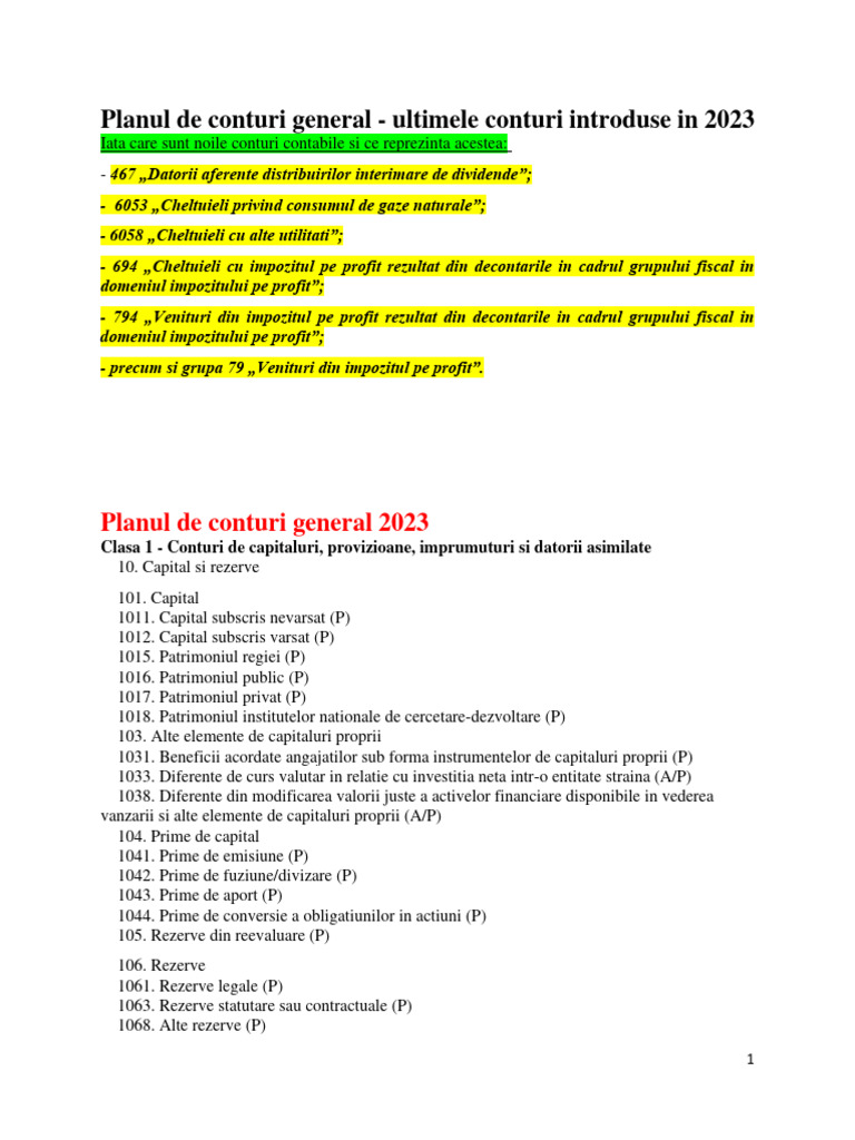 Planul de Conturi General - Actualizat - 2023 | PDF