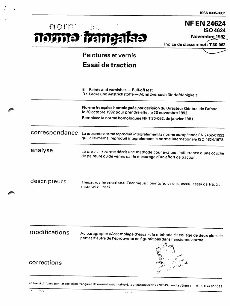 NF EN 24624 - Peintures Et Vérnis, Essai de Traction | PDF