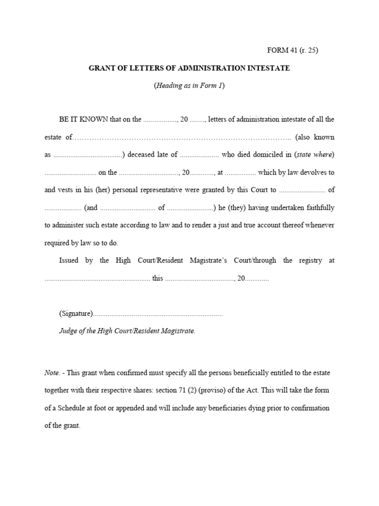 Form 41-Grant of Letters of Administration Intestate - 2 | PDF