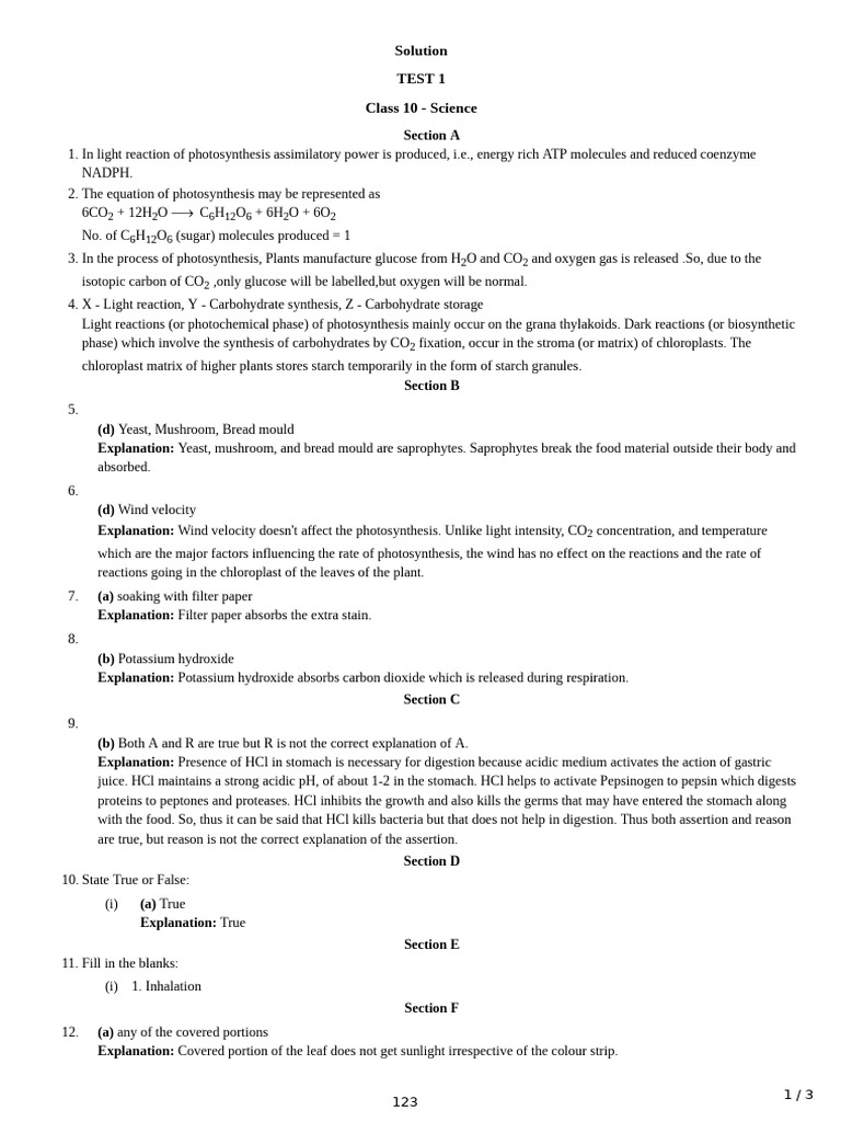 Test Answer 1 Science Life Process PDF Photosynthesis Glucose