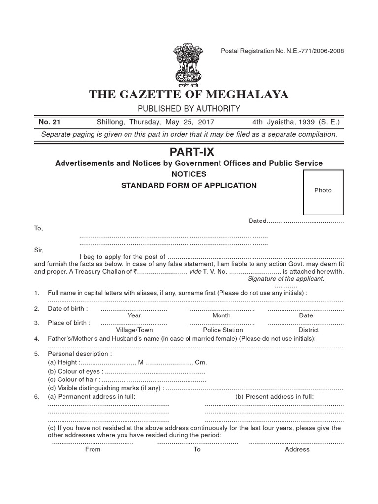 Gazette of Meghalaya Standard Form of Application PDF