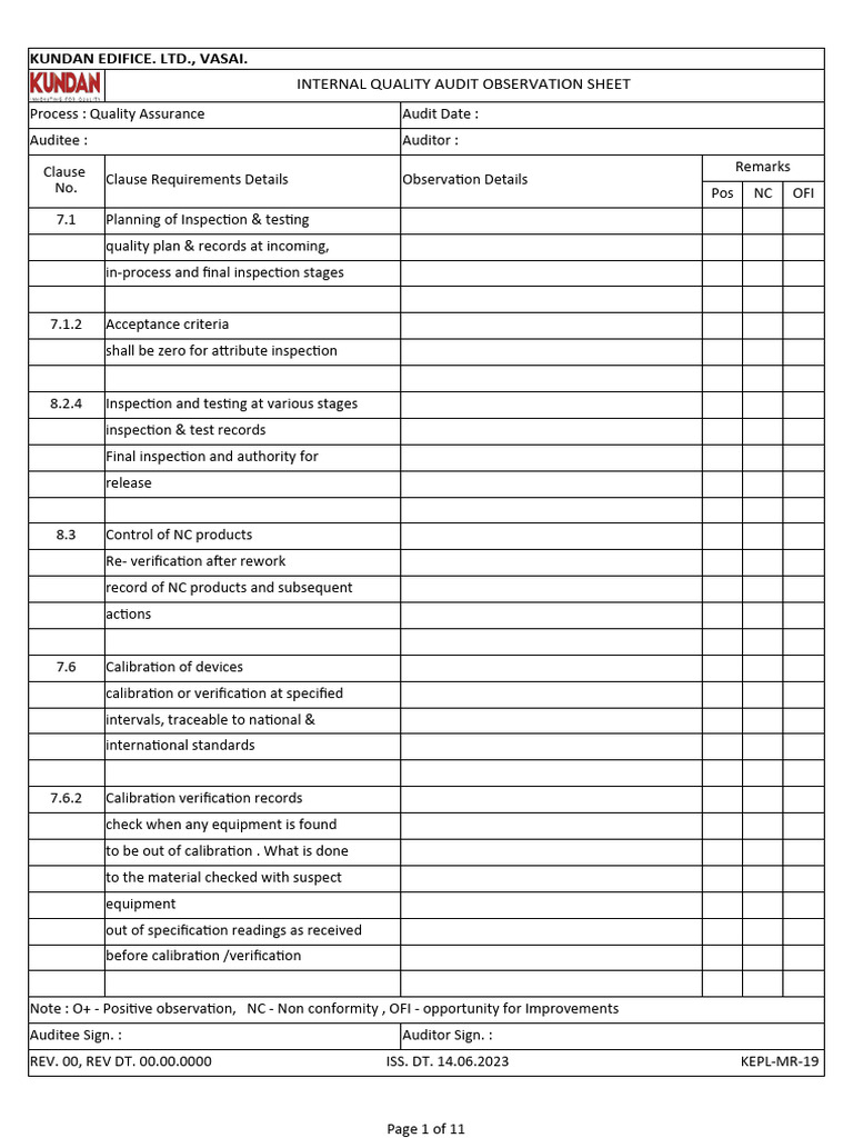 KEPL-MR-19 - Internal Quality Audit Observation Sheet - IsO 9001 | PDF