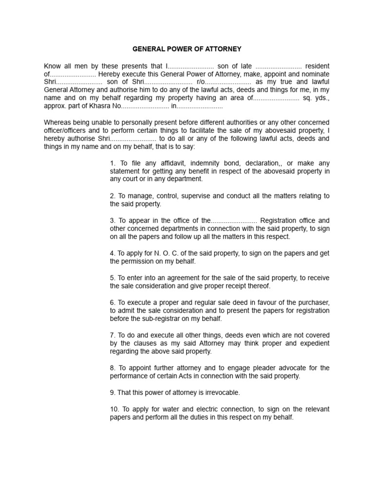 General Power of Attorney for Property | PDF | Power Of Attorney ...