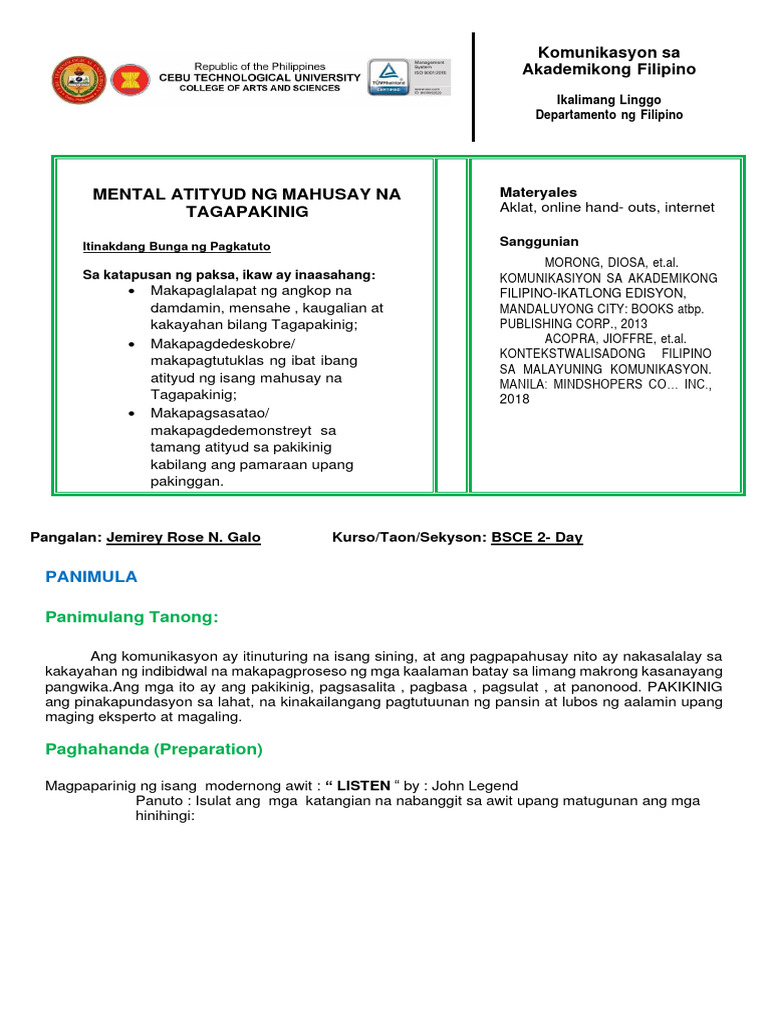 Aktibiti #10-Mental Atityud NG Mahusay Na Tagapakinig | PDF