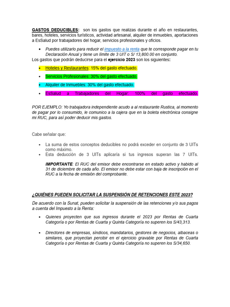 Gastos Deducibles para Impuesto a la Renta | PDF | Finanzas y dinero