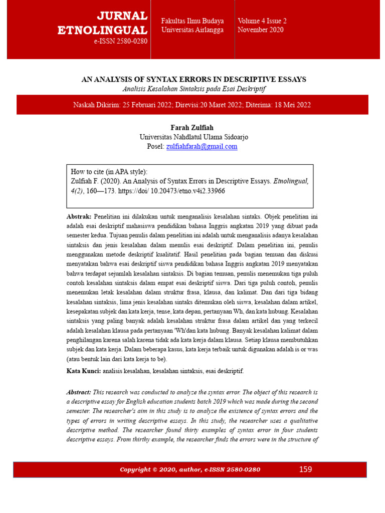An Analysis of Syntax Errors in Descriptive Essays | PDF | Seni ...