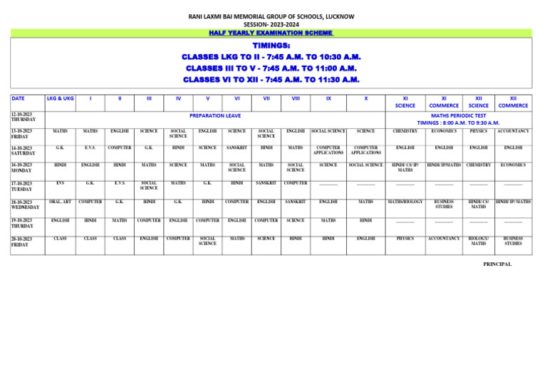 Half Yearly Exam LKG To Xii 2023-24 | PDF | Science