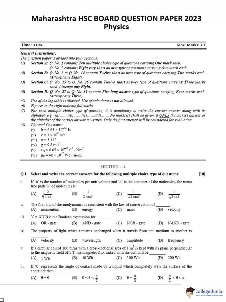 MAHARASHTRA BOARD PHYSICS QUESTION PAPER 2023 CLASS 12TH PDF intelligence overview