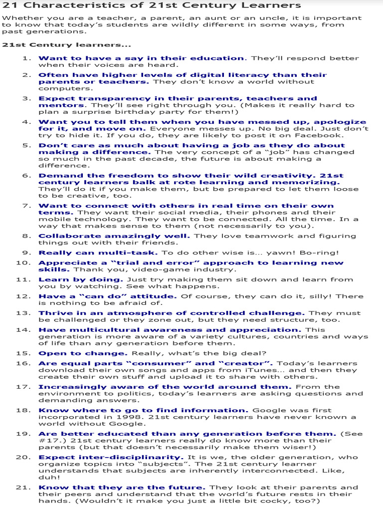 Key Traits of 21st Century Learners | PDF | Learning | Education Theory