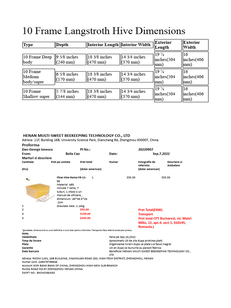 10 Frame Langstroth Hive Specs | PDF | Length | Domesticated Animals