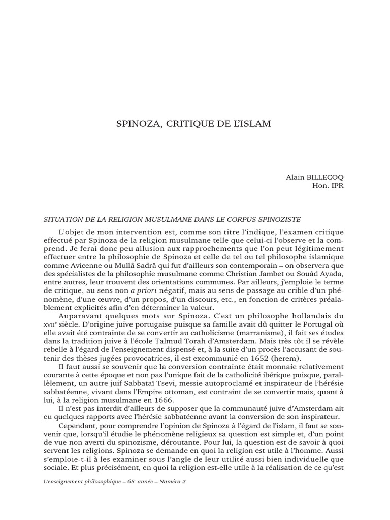Spinoza et l'Islam : Une Critique Politique | PDF | Baruch Spinoza ...