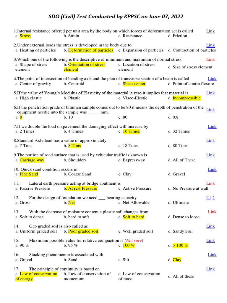 KPPSC SDO Civil Test MCQs 2022 | PDF | Bending | Stress (Mechanics)
