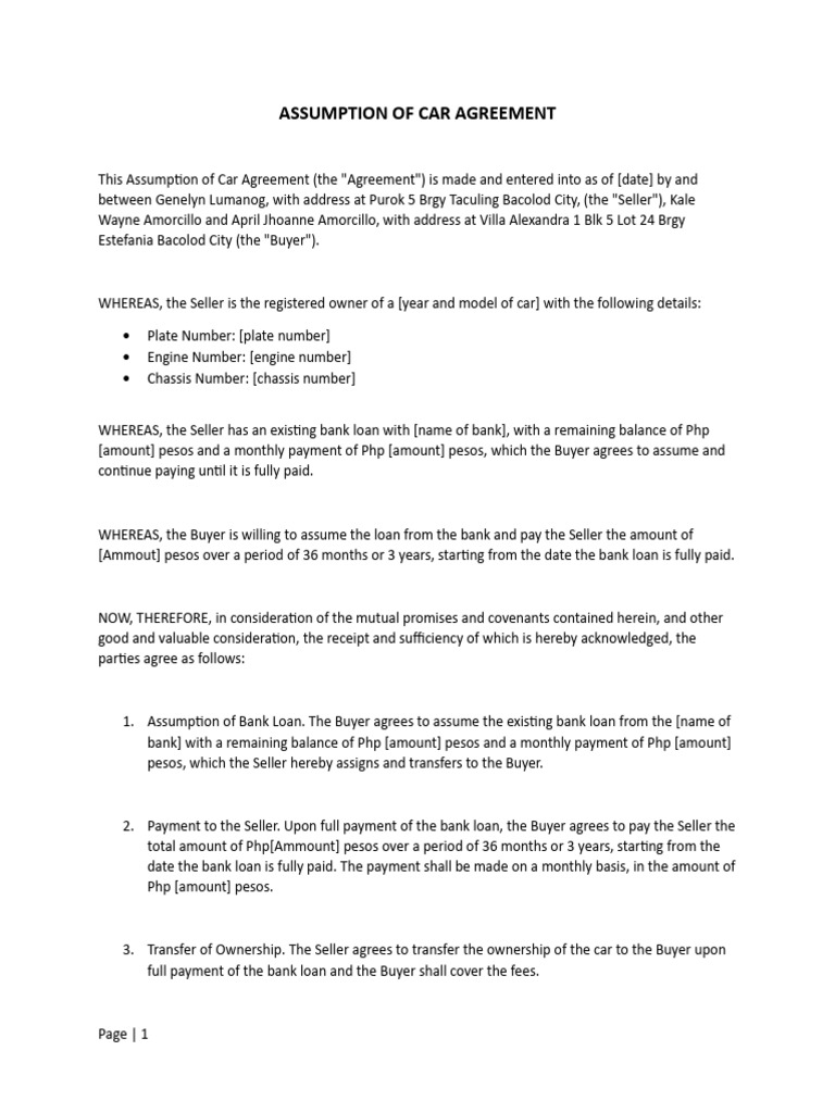 ASSUMPTION OF CAR AGREEMENT PDF Banks Loans