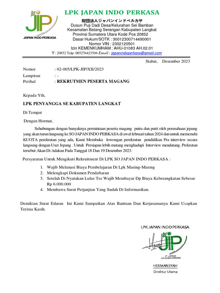 Rekrutmen Magang LPK Japan Indo Perkasa | PDF