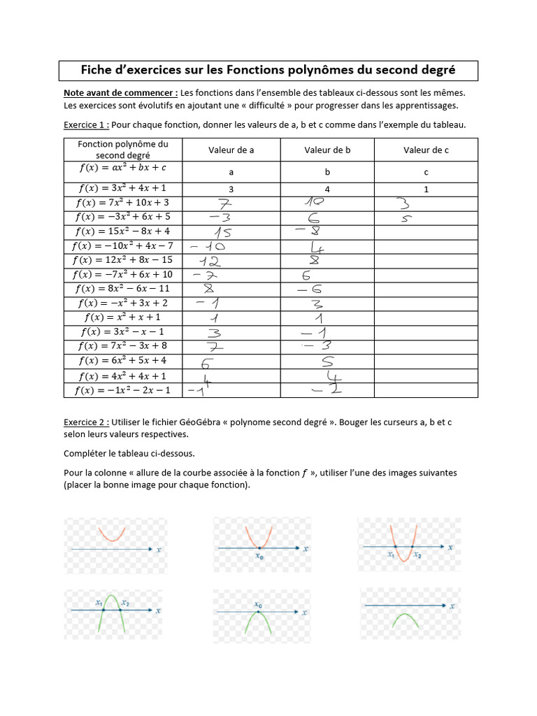 Exercices sur les Polynômes du Second Degré | PDF | Mathématiques de l ...