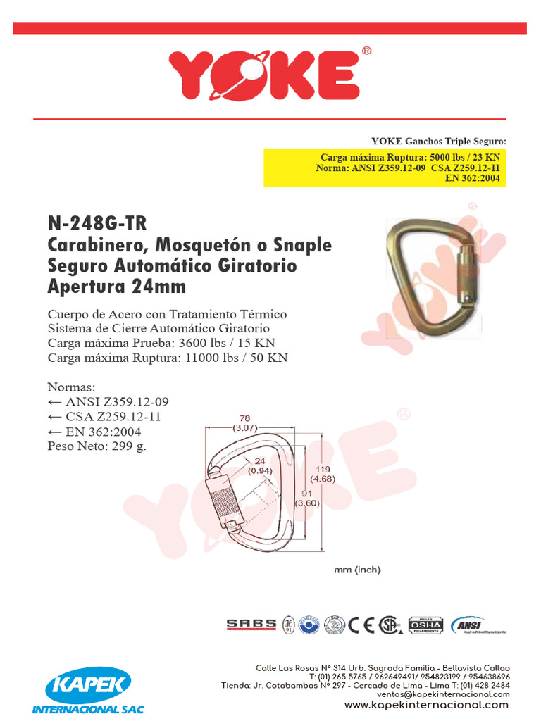 Ficha Técnica Mosquetón Yoke | PDF