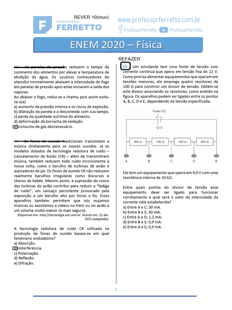 Questões de Física ENEM 2020 | PDF | Magnetismo | Calor