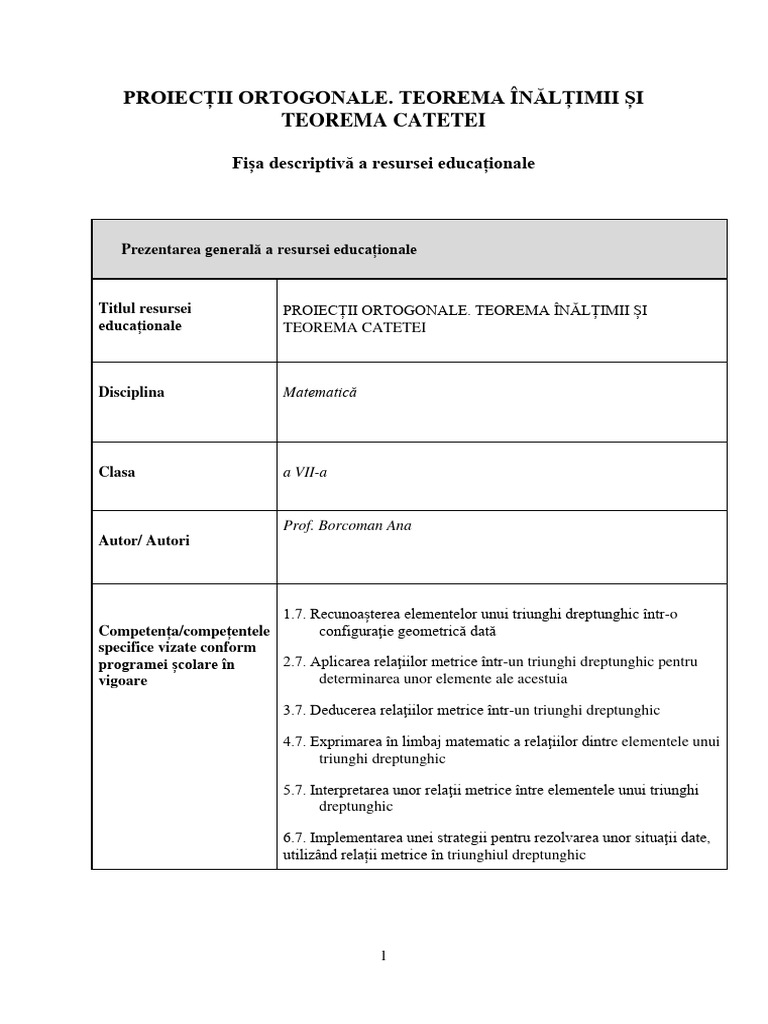 Fisa Descriptiva Proiectii. T. Inaltimii. T. Catetei | PDF