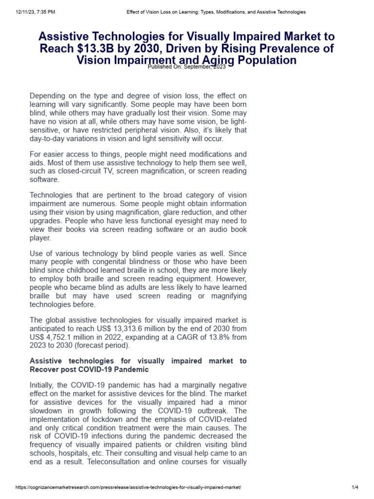 Assistive Technologies For Visually Impaired Market Download Free PDF