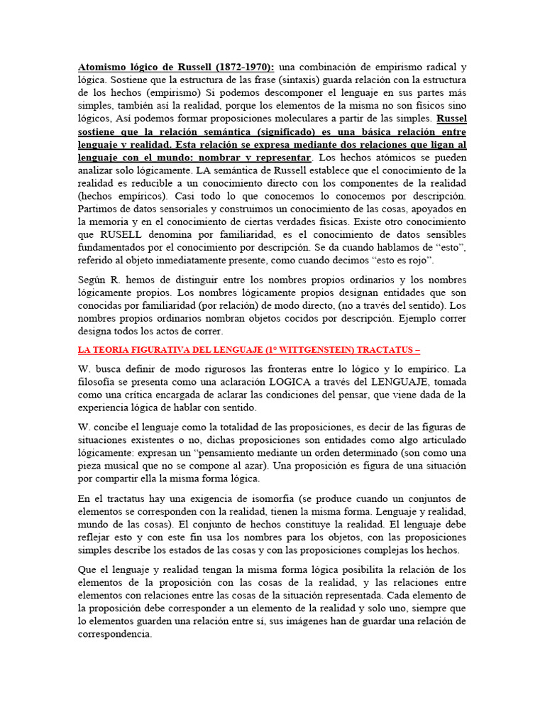 Atomismo lógico y lenguaje en filosofía | PDF | Proposición | Realidad