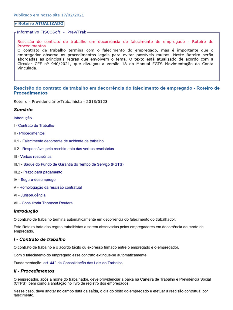 Rescisão por Falecimento de Empregado | PDF