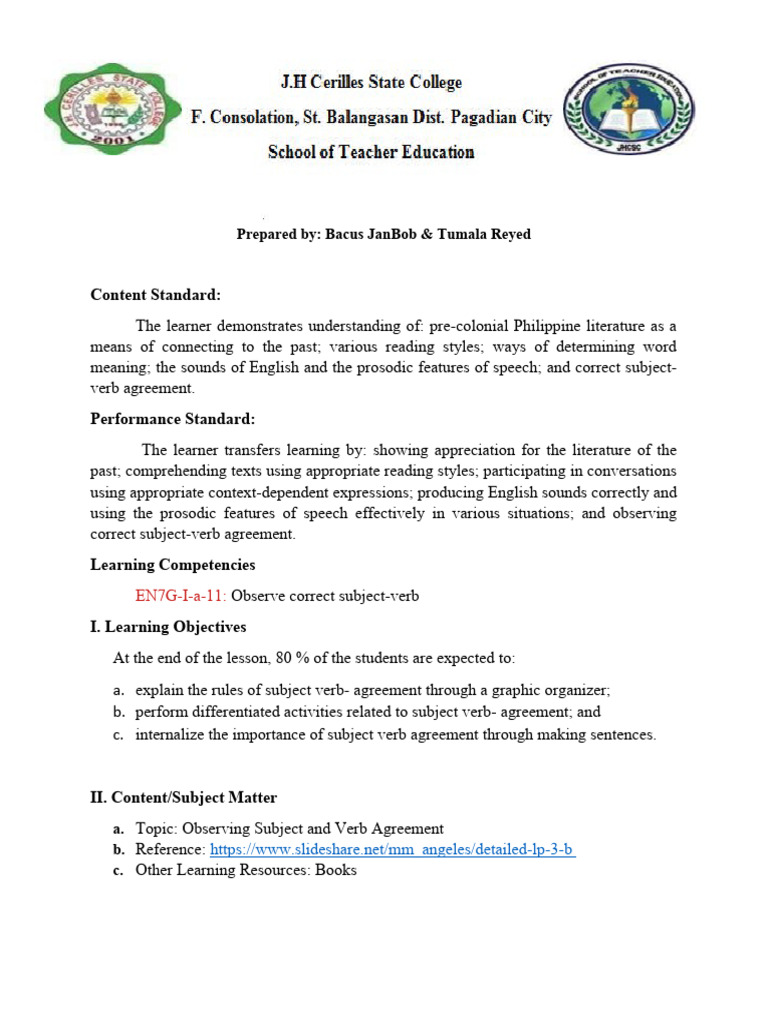 FinalSubject Verb Agreement Detailed Lesson Plan Bacus | PDF ...
