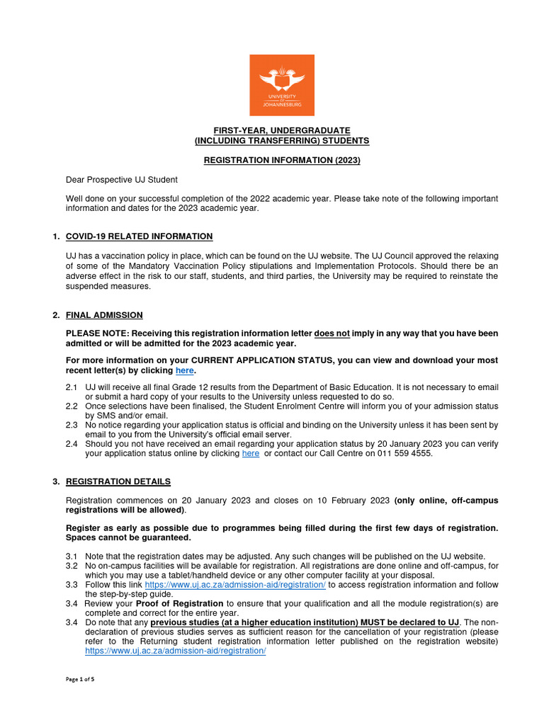 UJ First-Year Registration Guide 2023 | PDF | Finance & Money Management
