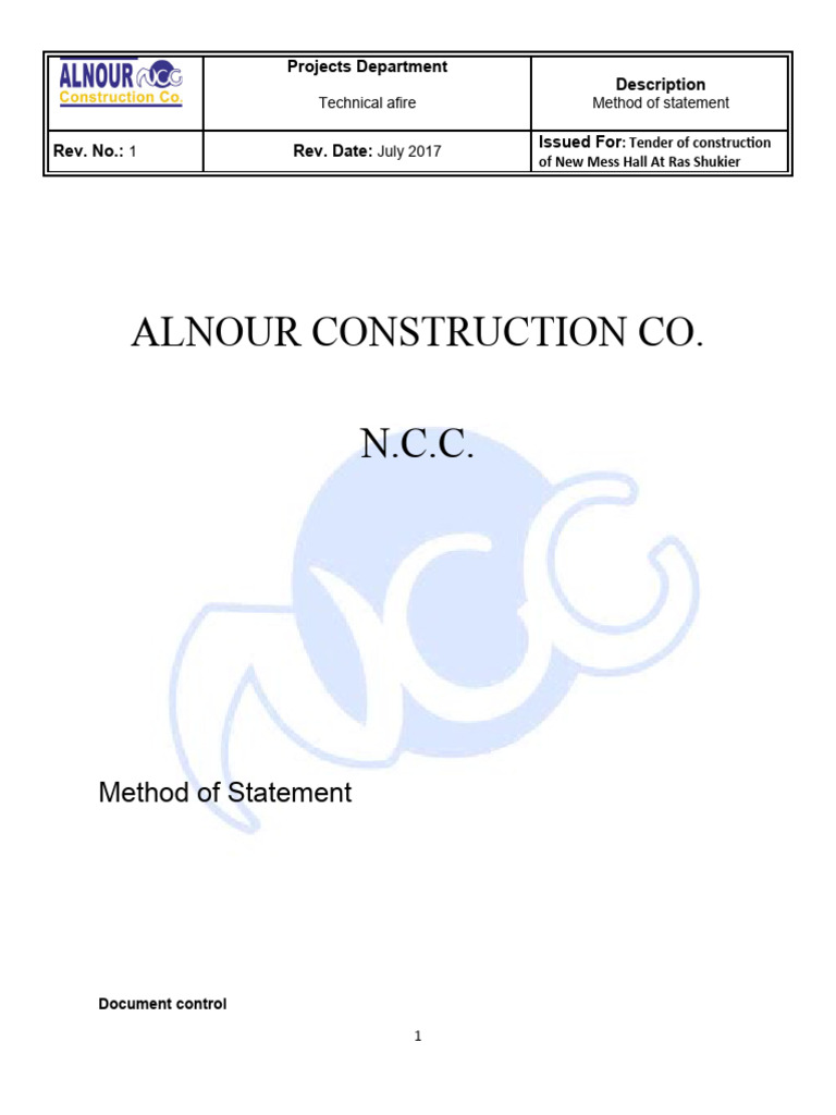 Method Statement for New Mess Hall Project | PDF | Concrete | Pipe ...