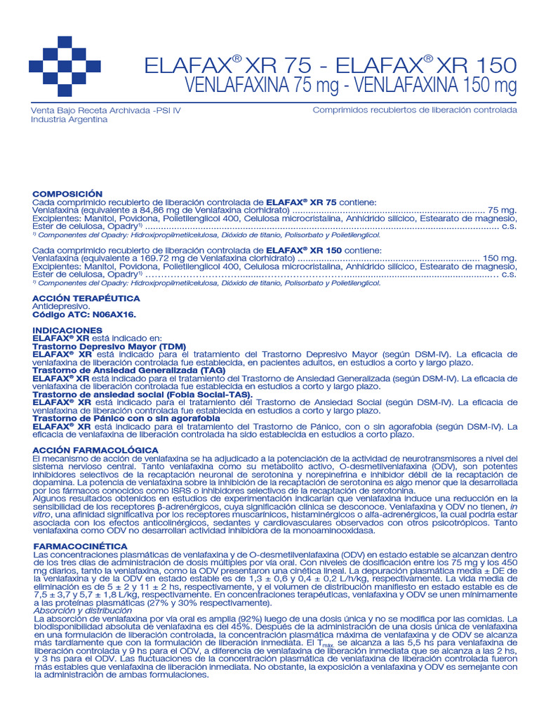 Elafax XR G00076802 04 | PDF | Inhibidor selectivo de la recaptación de ...