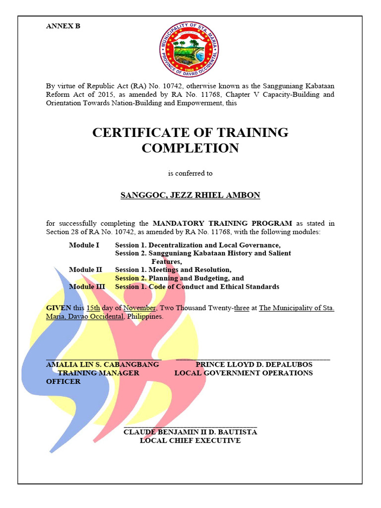 Annex b certificate of training completion pdf philippines