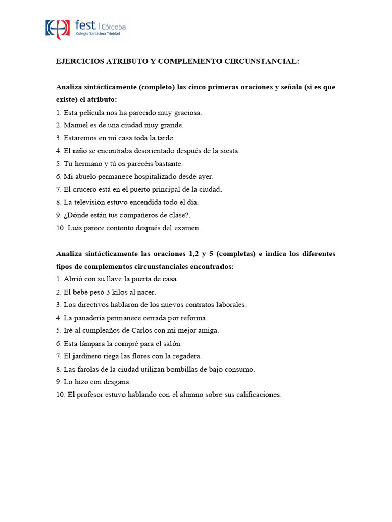 Ejercicios Atributo y Complemento Circunstancial | PDF | Artes del ...