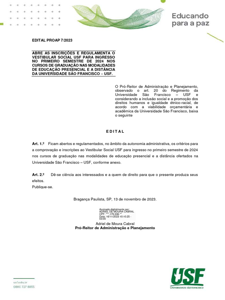 Inscrições Vestibular Social USF 2024-1 | PDF | Educação à distância ...