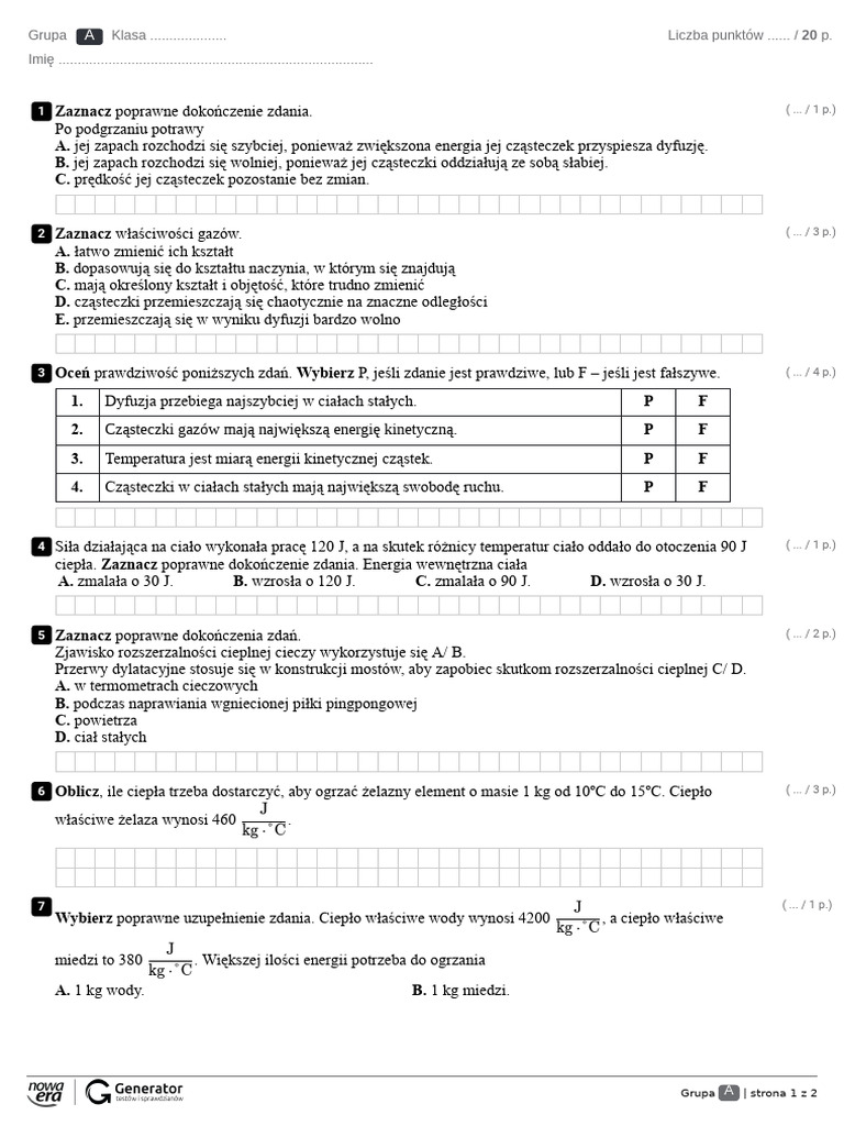 Termodynamika Klasa 7 Termodynamika Test (z Widoczną Punktacją) (1) | PDF