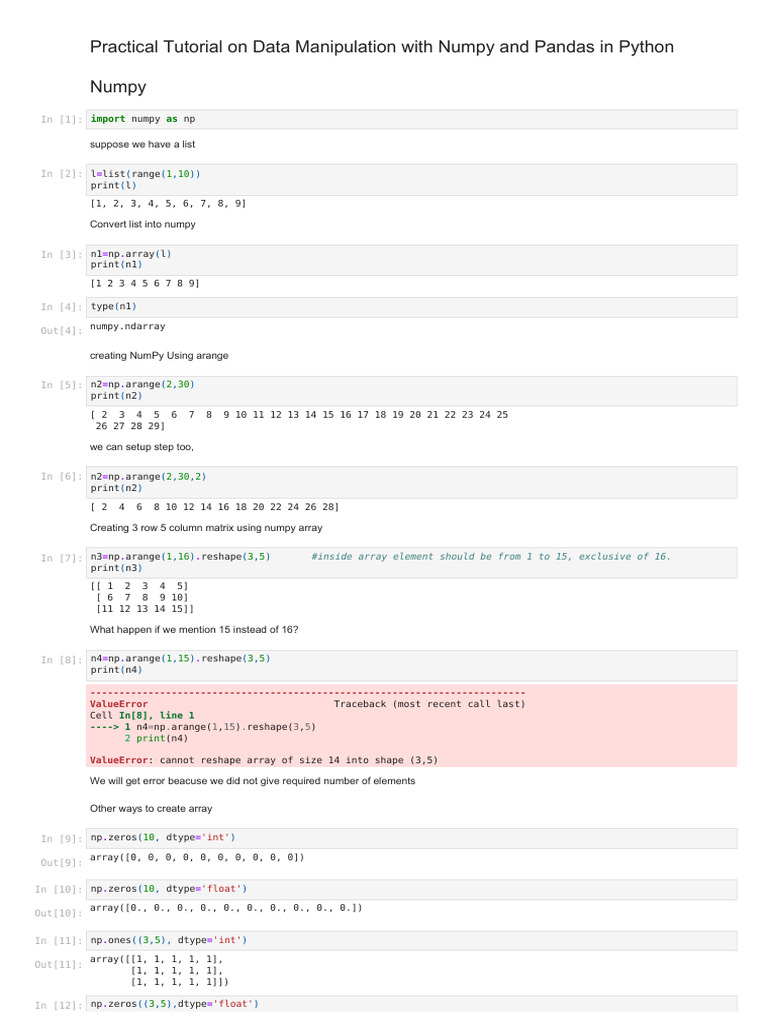 Data Manipulation With Numpy and Pandas in Python | PDF