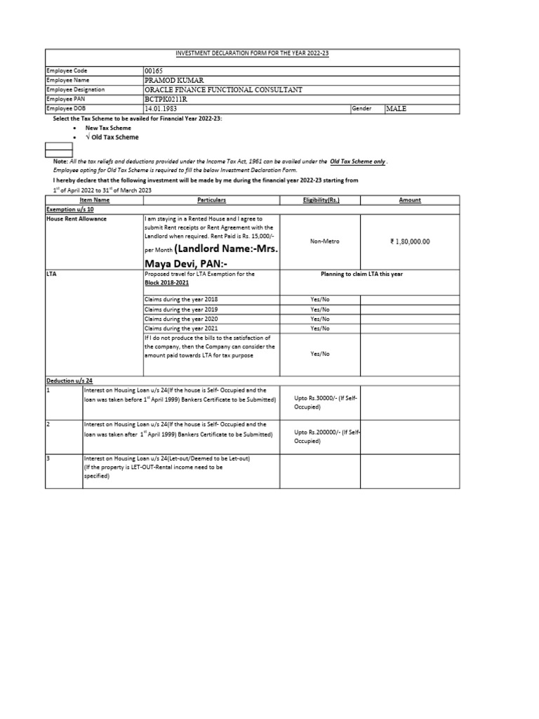 Investment Declaration Form1 PDF Tax Exemption Taxes