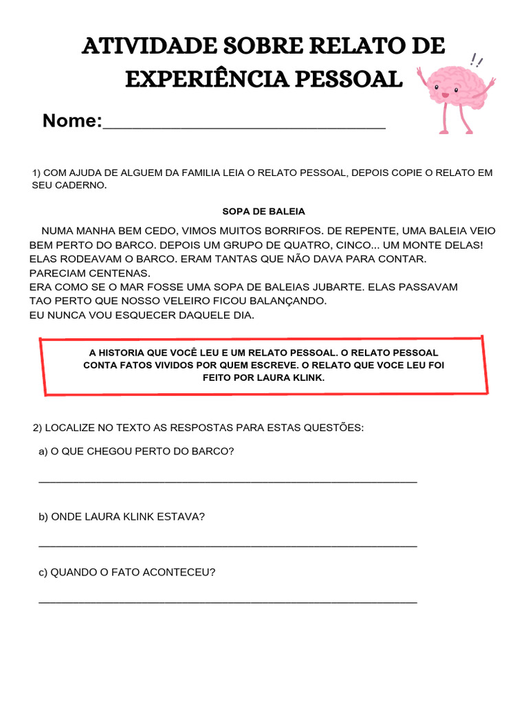 Atividade de Relato Pessoal 2º Ano | PDF