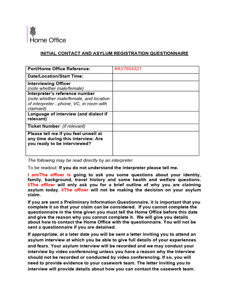 Initial Contact and Asylum Registration Questionnaire PDF Detention