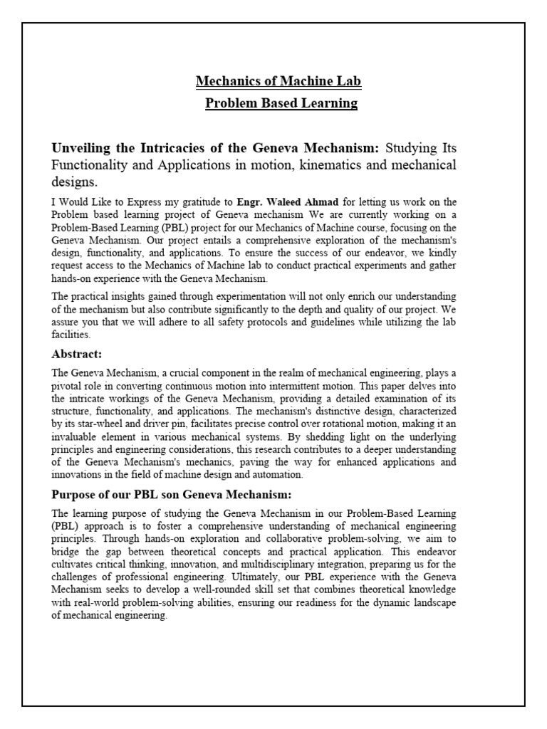 Mechanics of Machine Lab PBL geneva mechanism PDF Engineering