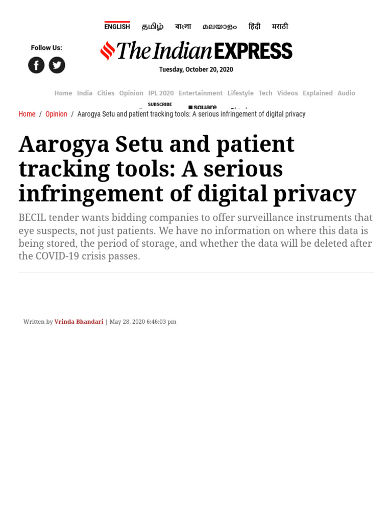 Aarogya setu and patient tracking tools a serious infringement of