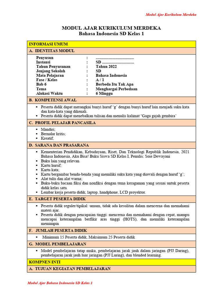 Modul Ajar Bahasa Indonesia Kelas 6 | PDF | Karier & Perkembangan ...