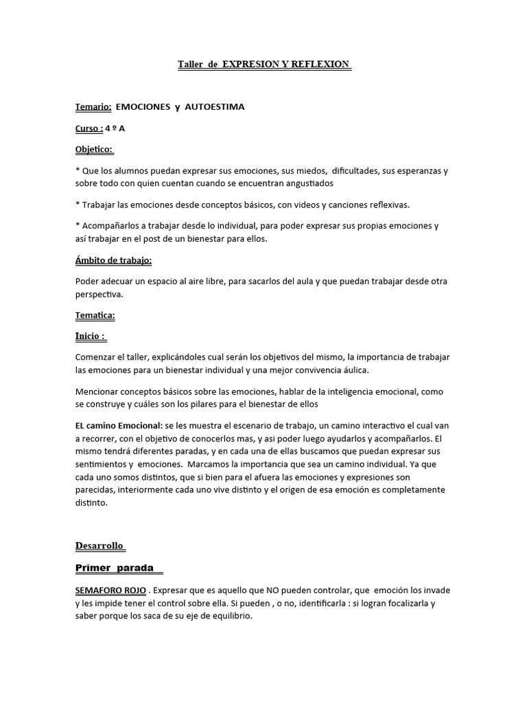 Taller de Emociones y Autoestima 4º A | PDF | Las emociones | Sicología