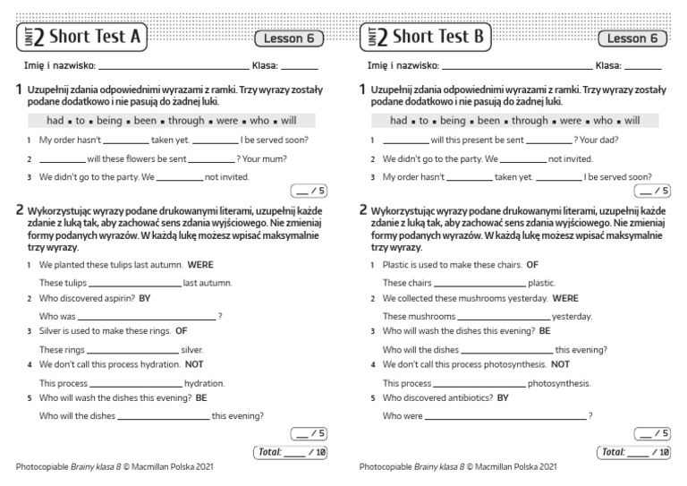 Brainy kl8 Short Tests Unit 2 Lesson 6 | PDF