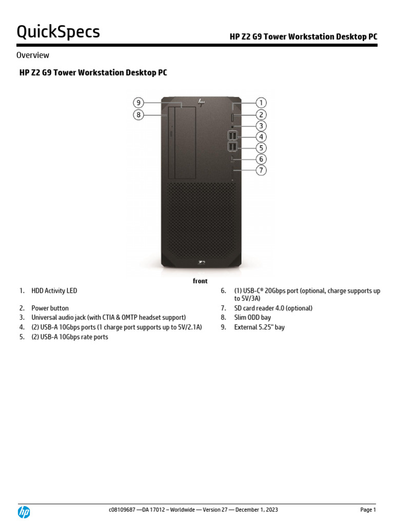 Quickspecs HP Z2 G9 Tower Workstation Desktop PC PDF Windows 10 Usb