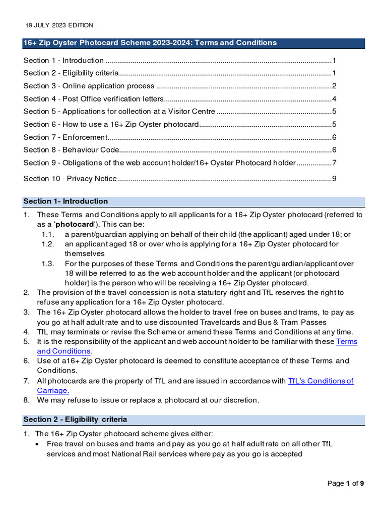 16+ Zip Oyster photocard Terms and Conditions PDF Identity Document