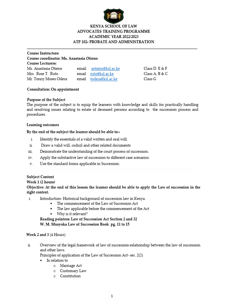 ATP 102 Probate and Administration Course Outline 2022-2023 | PDF | Law