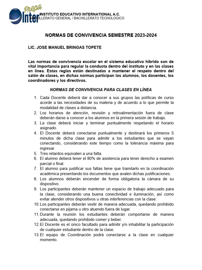 Normas de Convivencia 2023-2024 | PDF | Maestros